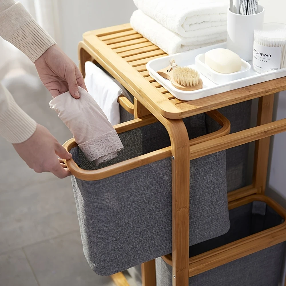 Natural Bamboo 2 Tier Storage Rack With 2+1 Fabric Drawers