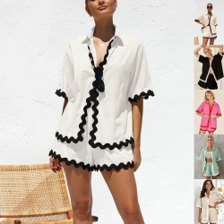 2Pcs Summer Shirt Suit With Short-sleeved V-neck Shirt For Women