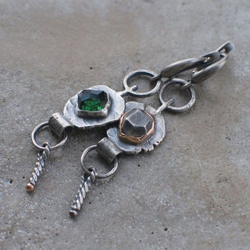 Retro Exotic Geometric Ancient Metal Inlaid Beccarite Asymmetric Eardrops