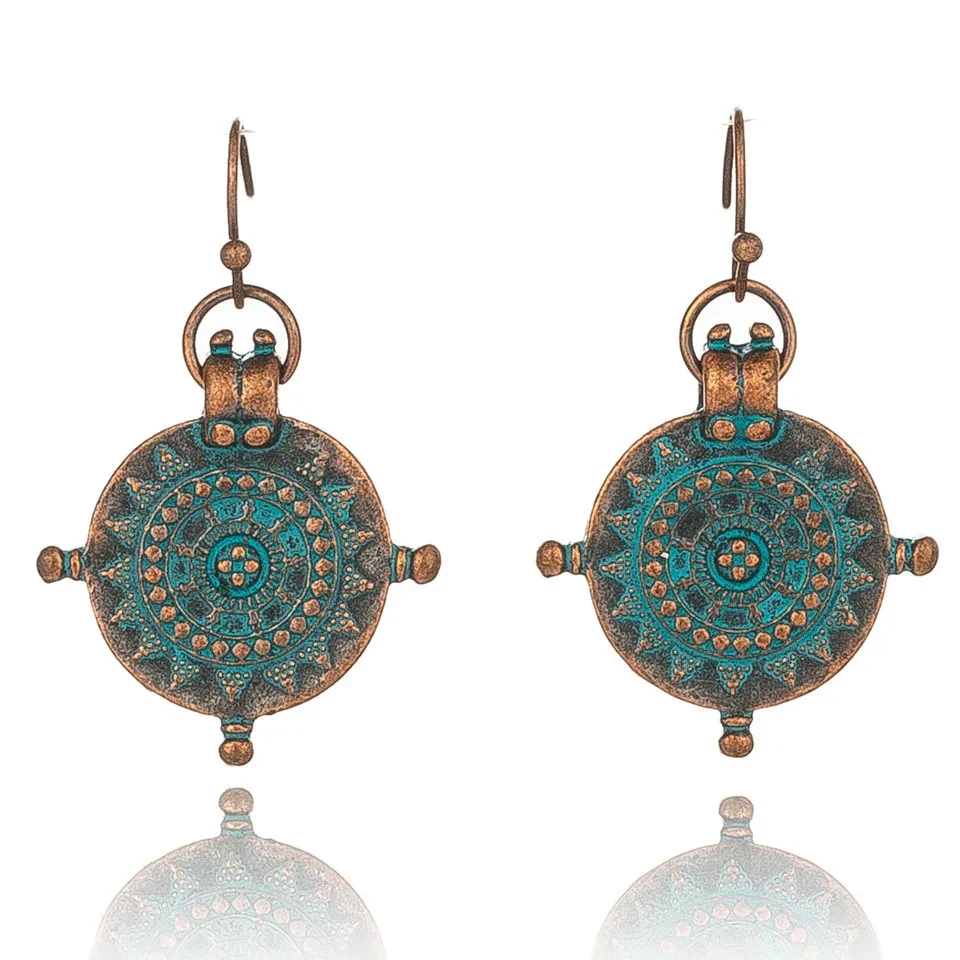 Vintage Roulette Shaped Carved Pendant Earrings