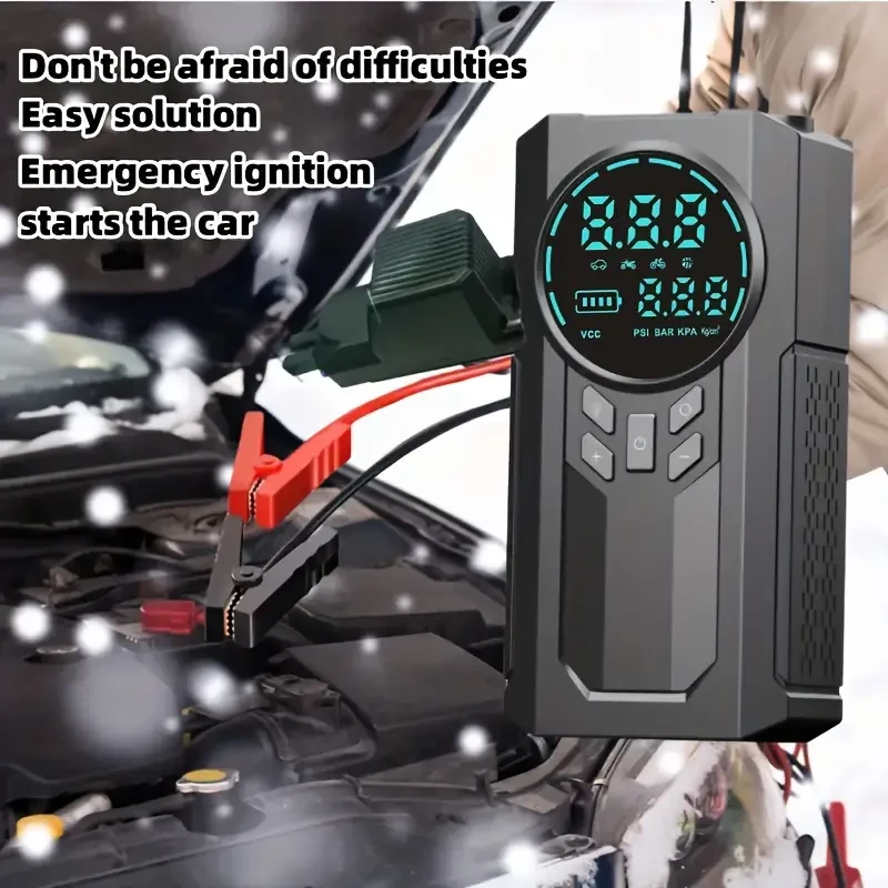 Portable Cordless Car Battery Emergency Starter with Tire Air Pump, Air Compressor, LED Display, Flashlight, and Mobile Power Supply - USB Charged Lithium Battery