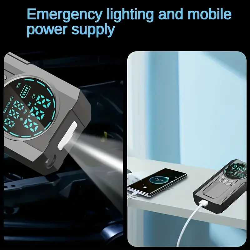 Portable Cordless Car Battery Emergency Starter with Tire Air Pump, Air Compressor, LED Display, Flashlight, and Mobile Power Supply - USB Charged Lithium Battery