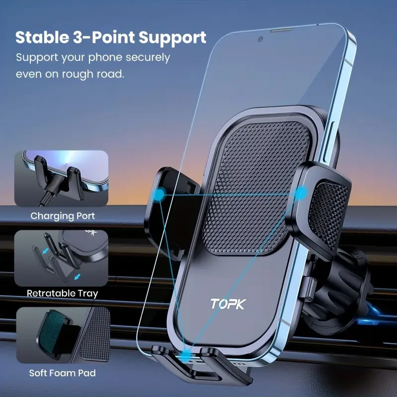 Car Phone Holder Mount - TOPK 360 Rotation Phone Mount with Hook Clip for Car Air Vent