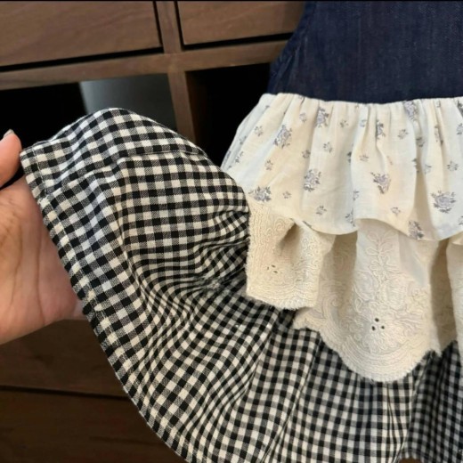 Sleeveless Vest Plaid Stitching Denim Skirt Bandage Dress Cake Dress