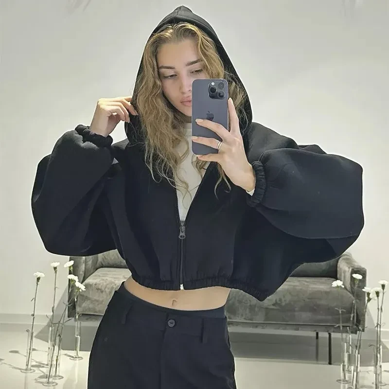 Casual Solid Color Hooded Short Jacket Y2K Fashion Sports Sweatshirt Long Sleeve Zip Up Cardigan Hoodies