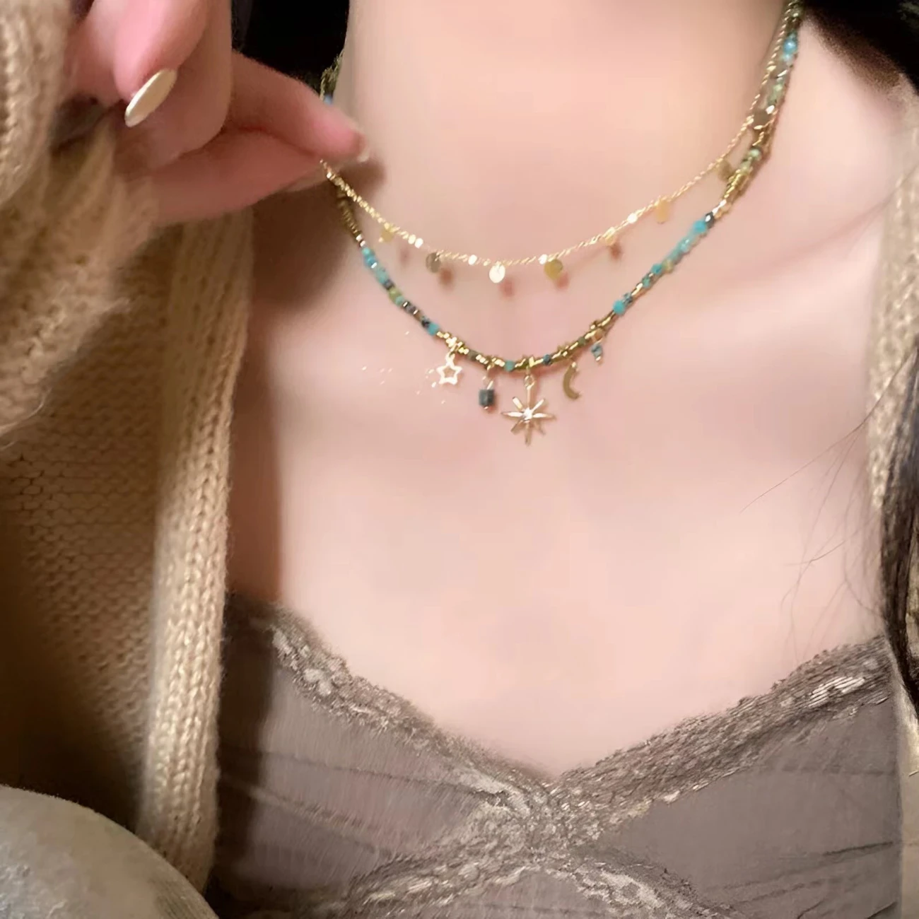 2pcs Retro Star & Round Layered Necklace for Women, Double Layer Clavicle Chain