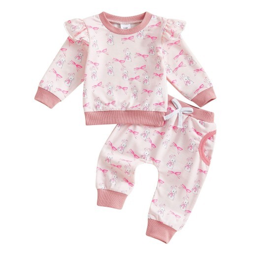 Bow Full Printed Long Sleeve Top And Trousers Suit
