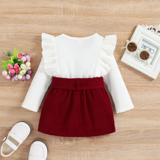 Girls Autumn And Winter Solid Color Lace Long-sleeved Corduroy Suit