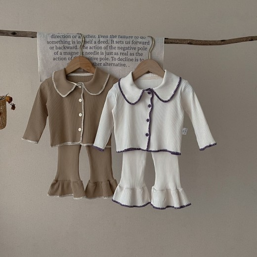 Infant Small Shell Knitted Split Suit Cardigan Bell-bottom Pants Two-piece Set