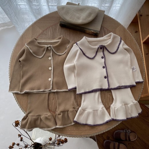 Infant Small Shell Knitted Split Suit Cardigan Bell-bottom Pants Two-piece Set