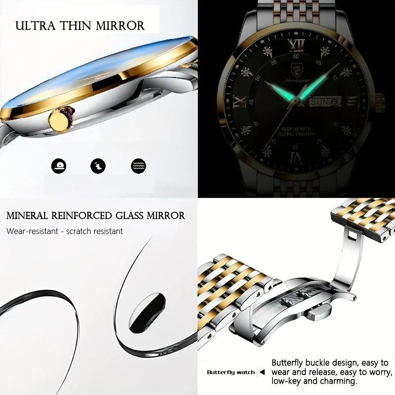 Men's Stylish Quartz Watch  Elegant Dual-Tone Stainless Steel Bracelet, Ultra-Thin Mirror, Mineral Reinforced Glass, Butterfly Buckle, Perfect for Casual & Formal Wear