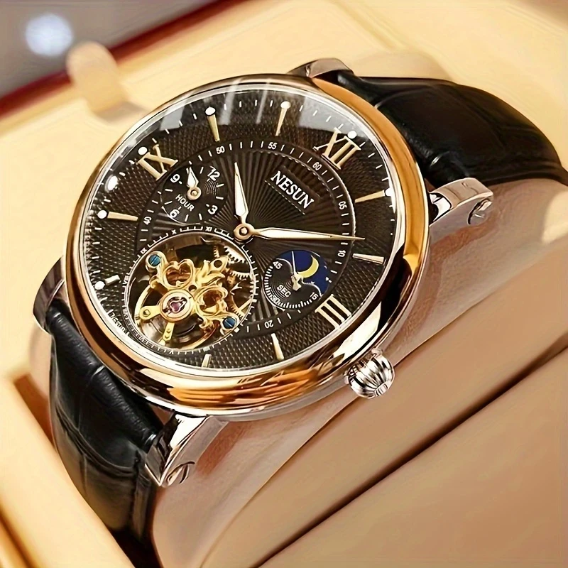 Nesun Mens Business Casual Mechanical Watch Automatic, Dial-Through Design, Date Display, Stainless Steel Case, Faux Leather Strap, No Battery Needed, Ideal for Valentines Day Gift, Business Casual Accessory