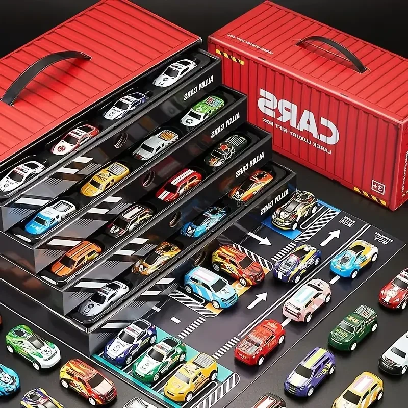Description: 48pcs Simulation Racing Car, Gift Box Collector's Edition with Map, Parking Lot, Track, and Four-Story Parking Lot - Interactive Toys for Youngsters' Day and Holiday Gifts