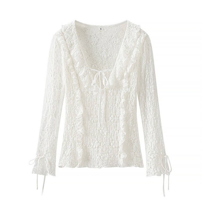 Fashion Long Sleeve Slim Lace Laminated Decoration Top