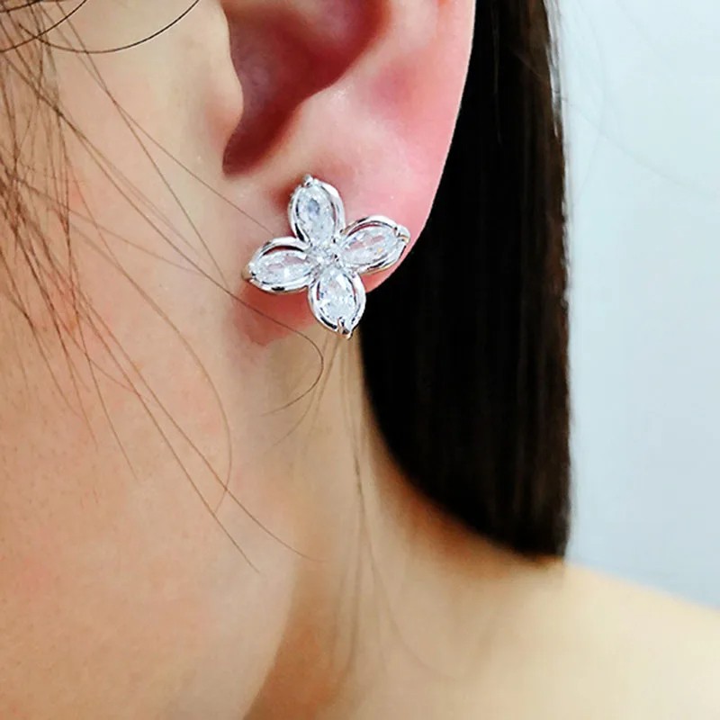 JIOFREE AAA Cubic Zirconia Flower Shape Clip-On Earrings  No Piercing Needed