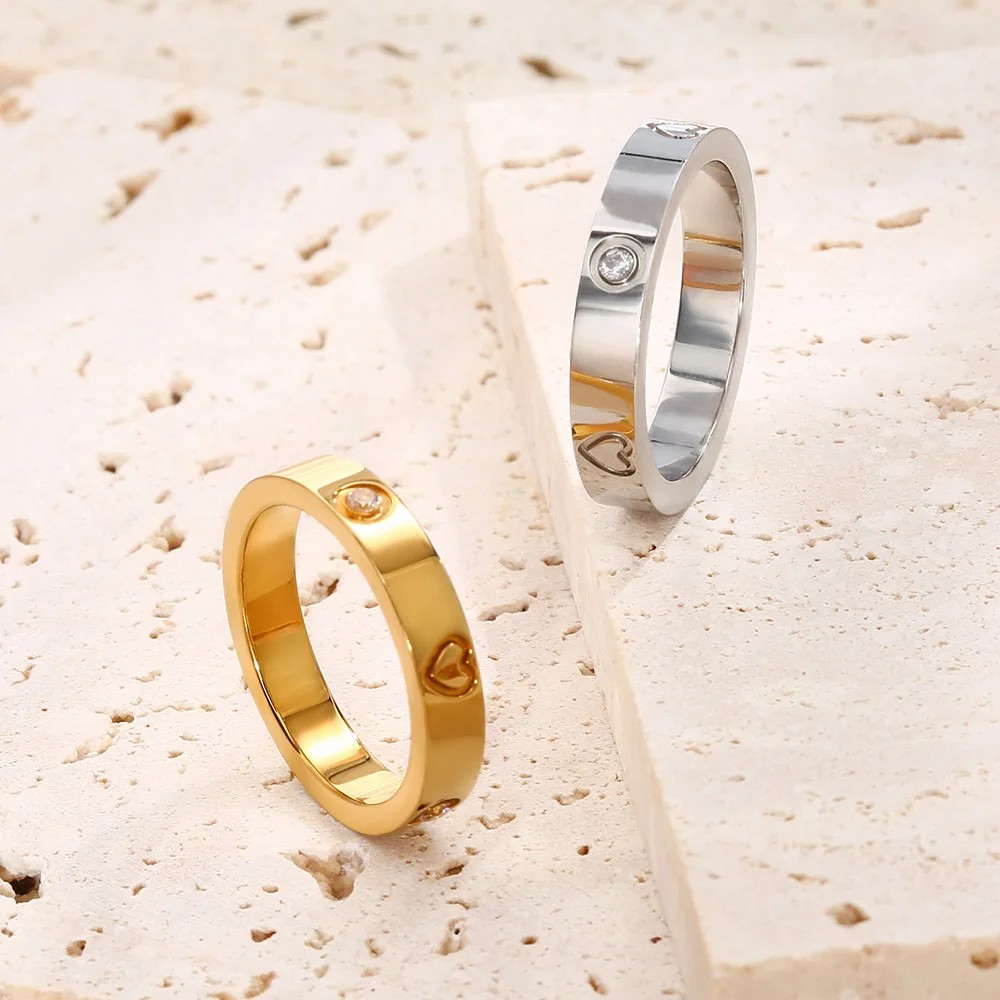 CZ Zircon Love Heart Engraved Stainless Steel Ring for Women
