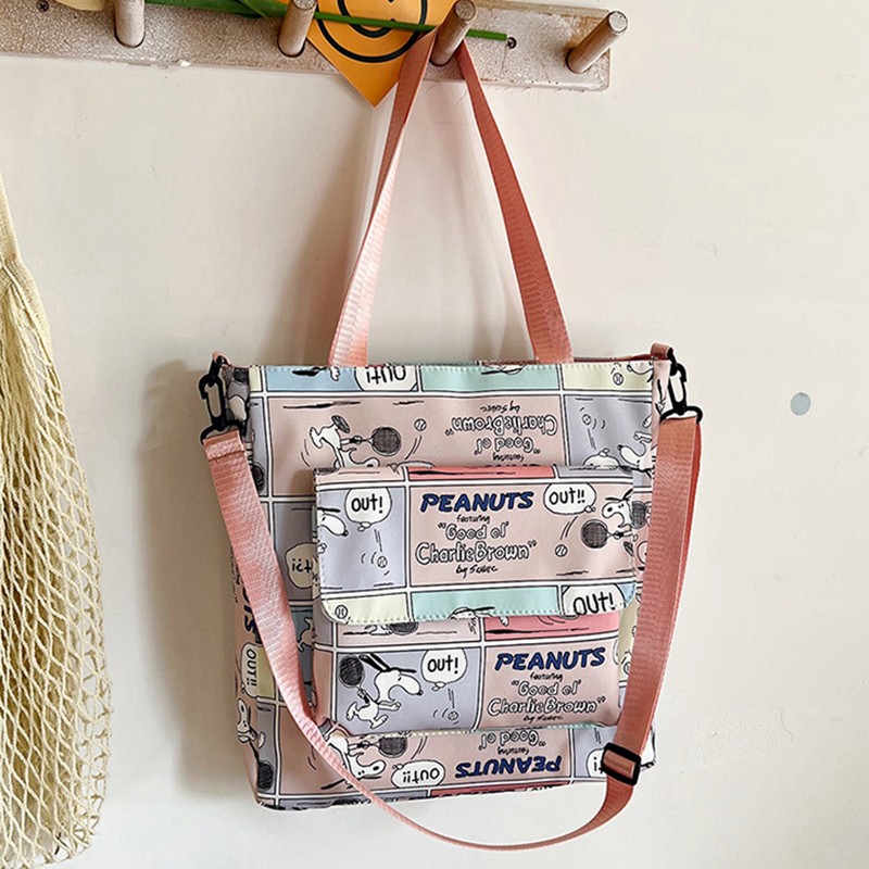 MINISO Snoopy Cartoon Print Tote Bag – Fashionable Large Capacity Casual One Shoulder Crossbody Bag, Nylon Pink Handbag