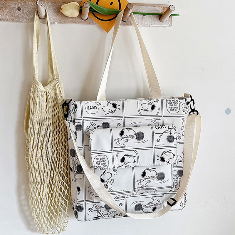 MINISO Snoopy Cartoon Print Tote Bag – Fashionable Large Capacity Casual One Shoulder Crossbody Bag, Nylon Pink Handbag