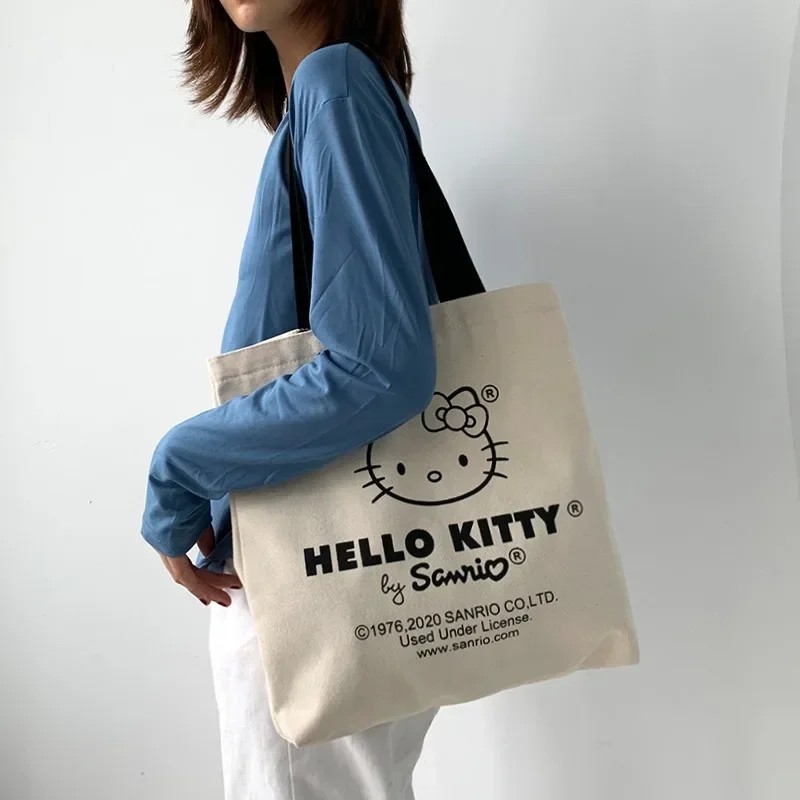 MINISO Disney Women Cute Hello Kitty Canvas Tote Bag – Femme Shopping Shoulder Bag, Travel Tote, Luxury Designer Handbag