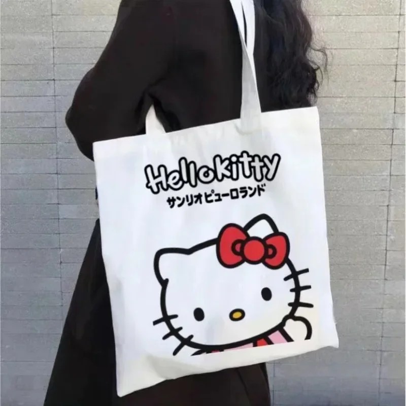 MINISO Disney Women Cute Hello Kitty Canvas Tote Bag – Femme Shopping Shoulder Bag, Travel Tote, Luxury Designer Handbag
