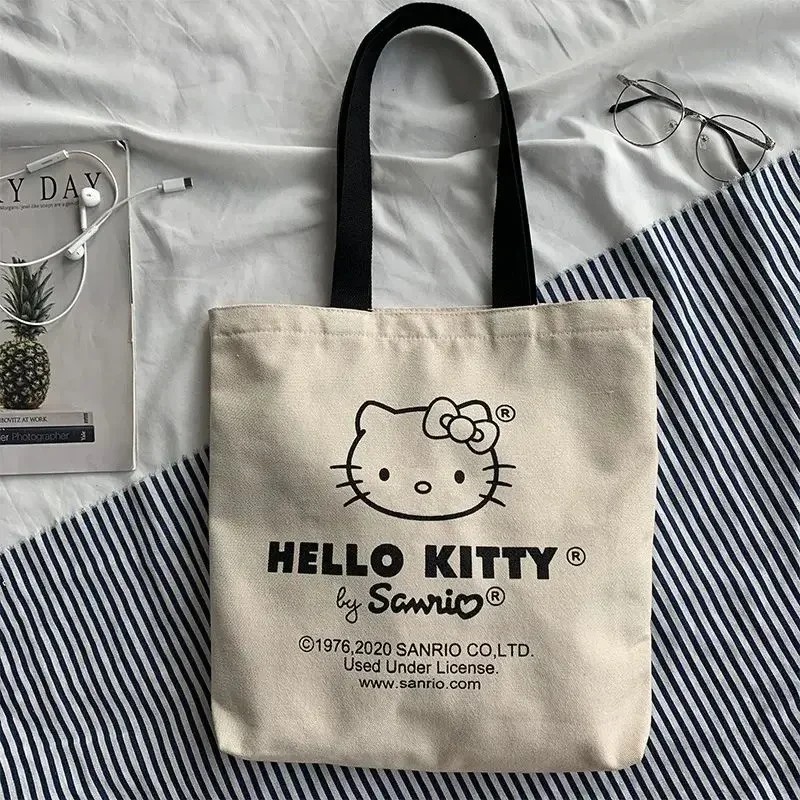 MINISO Disney Women Cute Hello Kitty Canvas Tote Bag – Femme Shopping Shoulder Bag, Travel Tote, Luxury Designer Handbag