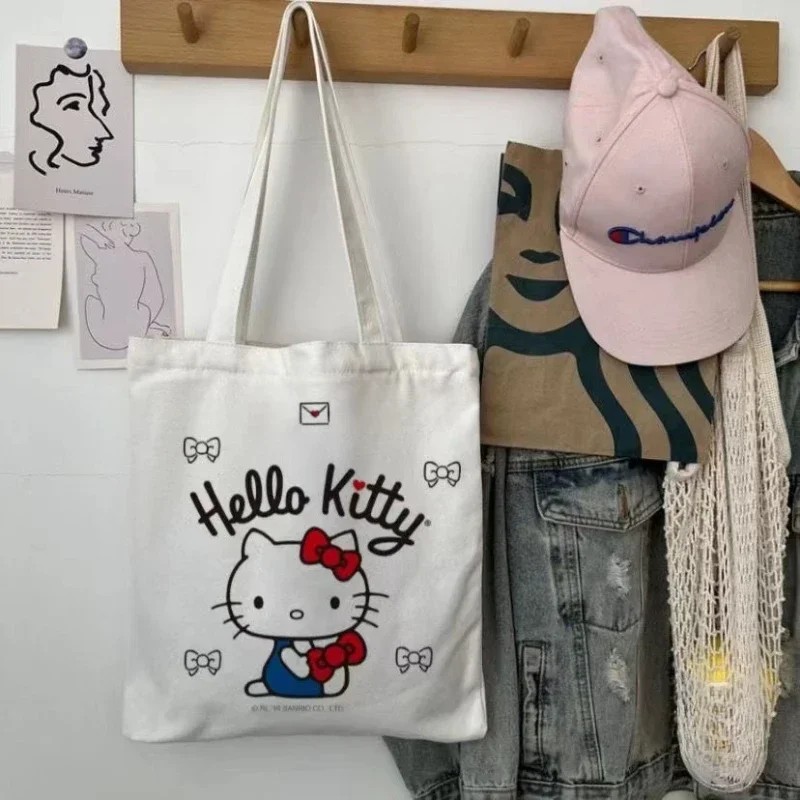 MINISO Disney Women Cute Hello Kitty Canvas Tote Bag – Femme Shopping Shoulder Bag, Travel Tote, Luxury Designer Handbag