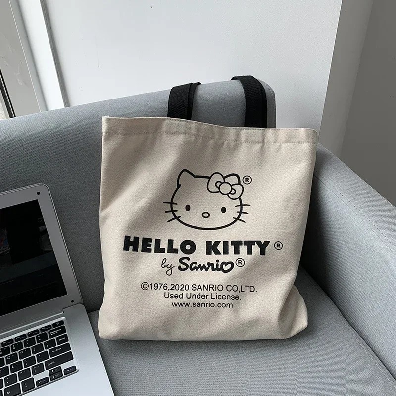 MINISO Disney Women Cute Hello Kitty Canvas Tote Bag – Femme Shopping Shoulder Bag, Travel Tote, Luxury Designer Handbag