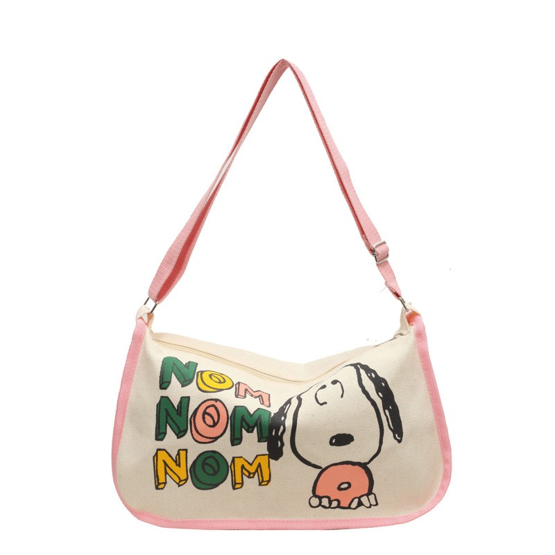 MINISO Snoopy Cartoon Cute Print Canvas Bag – Large Capacity One Shoulder Dumpling Bag, Women's Crossbody Bag