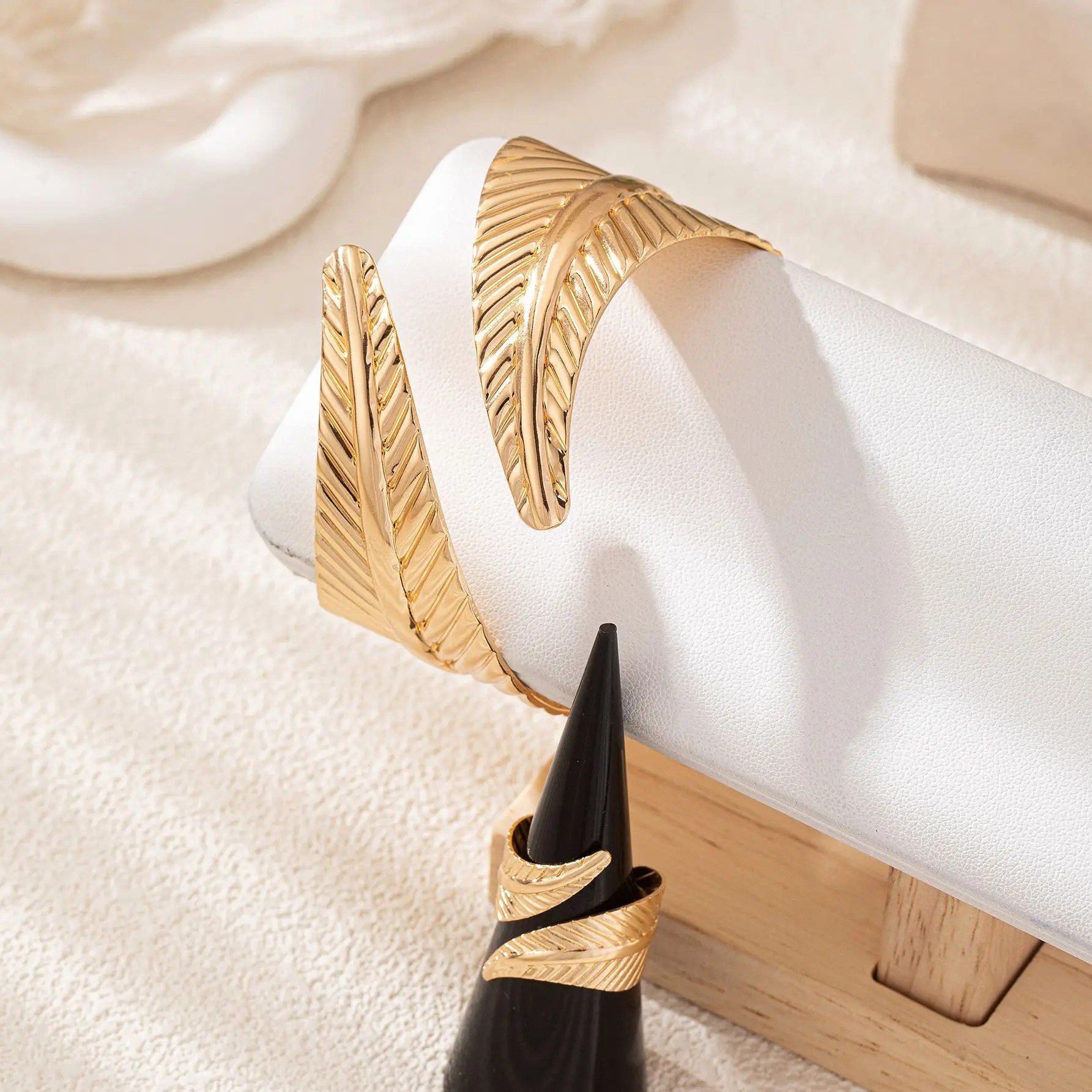 Geometric Crossing Leaves Cuff Bangles and Ring Set