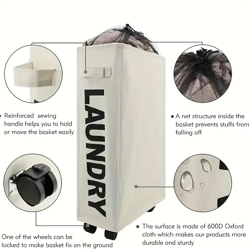 Narrow Slim Laundry Basket – Collapsible Hamper with Wheels & Handle