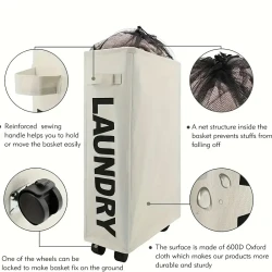 Narrow Slim Laundry Basket – Collapsible Hamper with Wheels & Handle