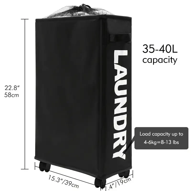 Narrow Slim Laundry Basket – Collapsible Hamper with Wheels & Handle