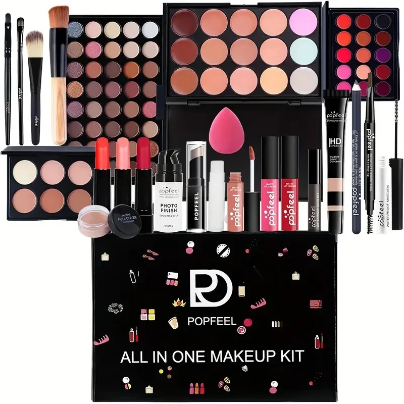 POPFEEL All-in-One Makeup Kit for Beginners, Assorted Cosmetics Set with Eyeshadow, Lipstick, Blush, Eyeliner, Brow Pencil, Mascara, Cream Texture, Mixed Color Palette