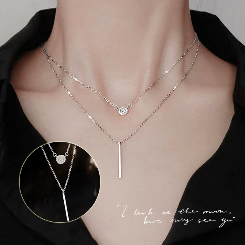 Silver Color Double Chain Long Stick Micro Pave Zircon Round Pendant Necklaces For Women Trendy Jewelry