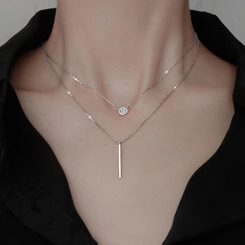 Silver Color Double Chain Long Stick Micro Pave Zircon Round Pendant Necklaces For Women Trendy Jewelry