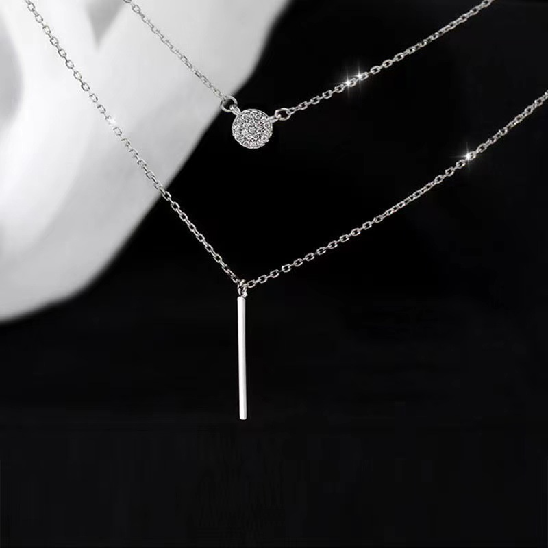 Silver Color Double Chain Long Stick Micro Pave Zircon Round Pendant Necklaces For Women Trendy Jewelry