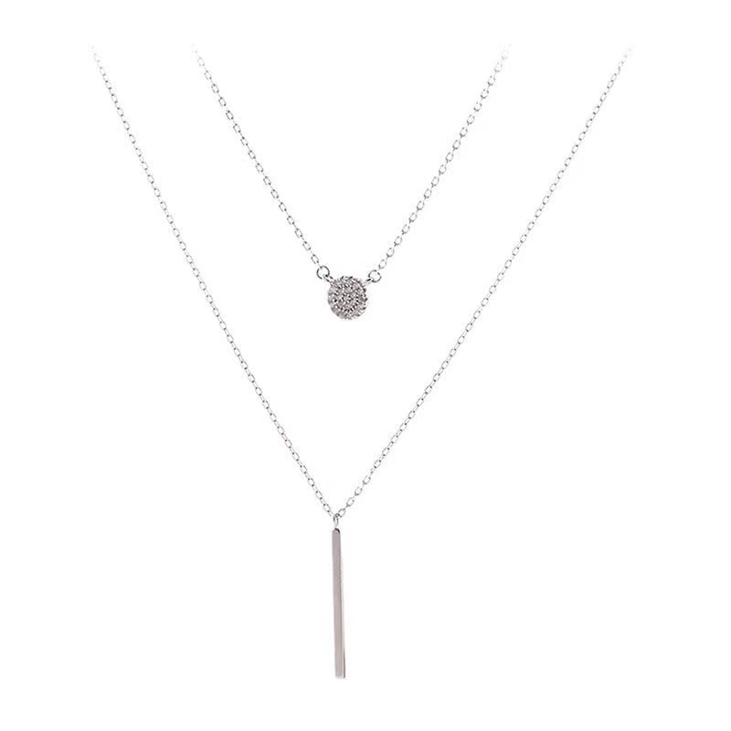 Silver Color Double Chain Long Stick Micro Pave Zircon Round Pendant Necklaces For Women Trendy Jewelry