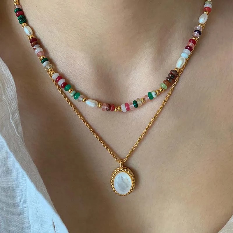 Fashion Colorful Beads Stone Natural Freshwater Pearl Necklaces for Women