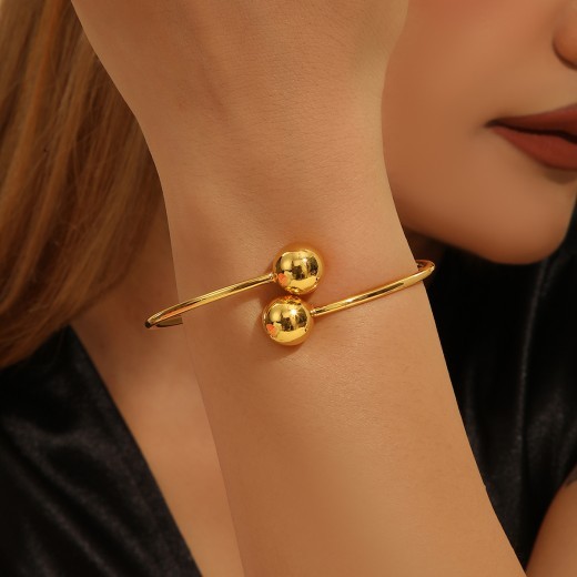1pcs Copper Plated 18k Gold Double Headed Bead Opening Bracelet, With A Simple Temperament For Women, Suitable For Gatherings, Gifts, And Daily Wear