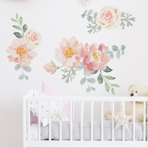 Girly Heart Pink Watercolor Plant Flowers Baby Room Dormitory Bedroom Decoration Wall Stickers