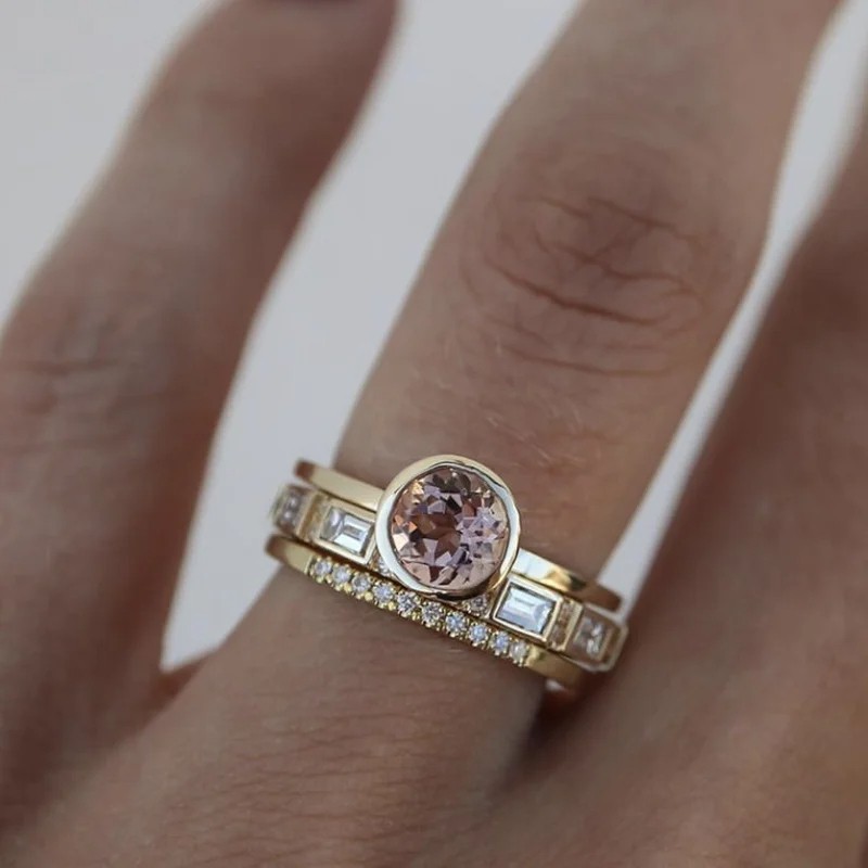 ORZTOON Geometric Gold Color Cubic Zirconia Three-Piece Rings