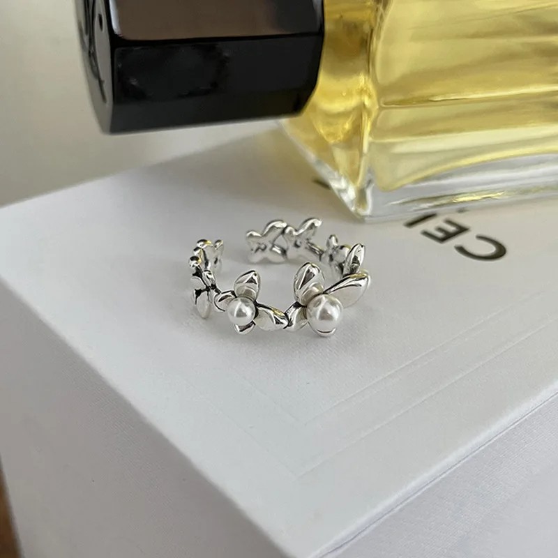 Real 925 Sterling Silver Personality Flower Pearl Adjustable Retro Ring