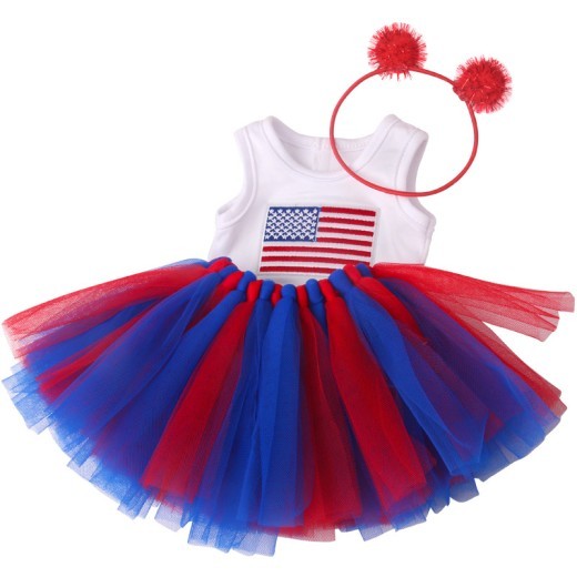 18-inch American Girl Doll Clothes Printed Short Sleeve Handmade Veil Skirt Hair Ball Hair Hoop