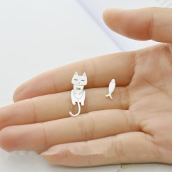 S925 Sterling Silver Stud Earrings Fashion Detachable Cat Fish Pin Studs Cute Comet Silver Earrings