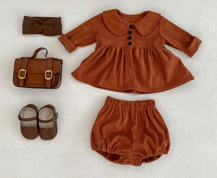 Infant Girl Baby Corduroy Col Claudine Top Corduroy Baby Bloomer 2-piece Set
