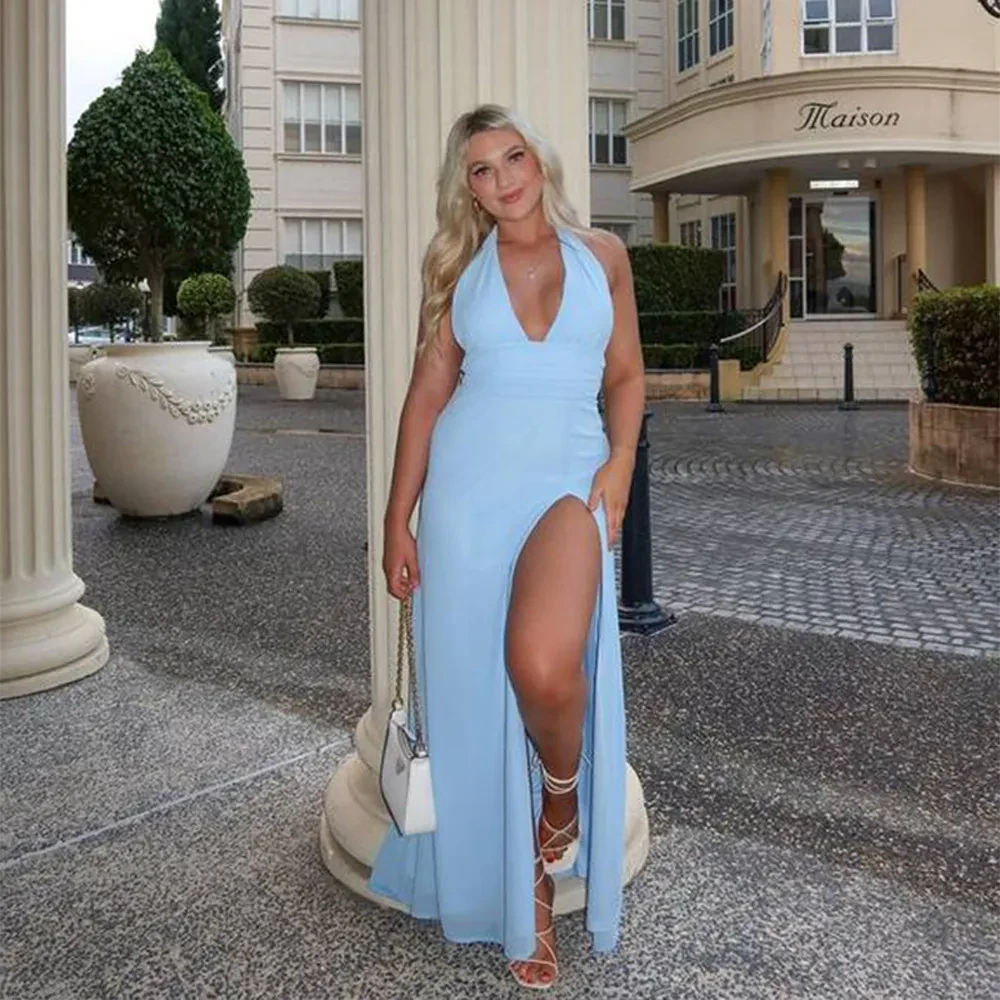 Sexy Halterneck V-neck Slit Dress Summer Backless Strappy Skirt Fashion Temperament Clothing for Women