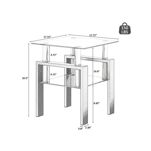 1-Piece Modern Tempered Glass Tea Table Coffee Table End Table, Square Table For Living Room, Black