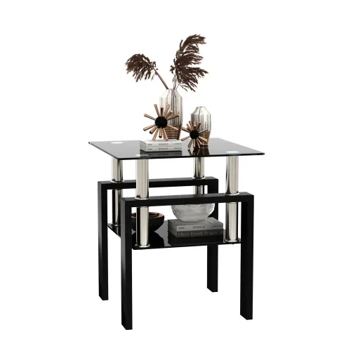 1-Piece Modern Tempered Glass Tea Table Coffee Table End Table, Square Table For Living Room, Black