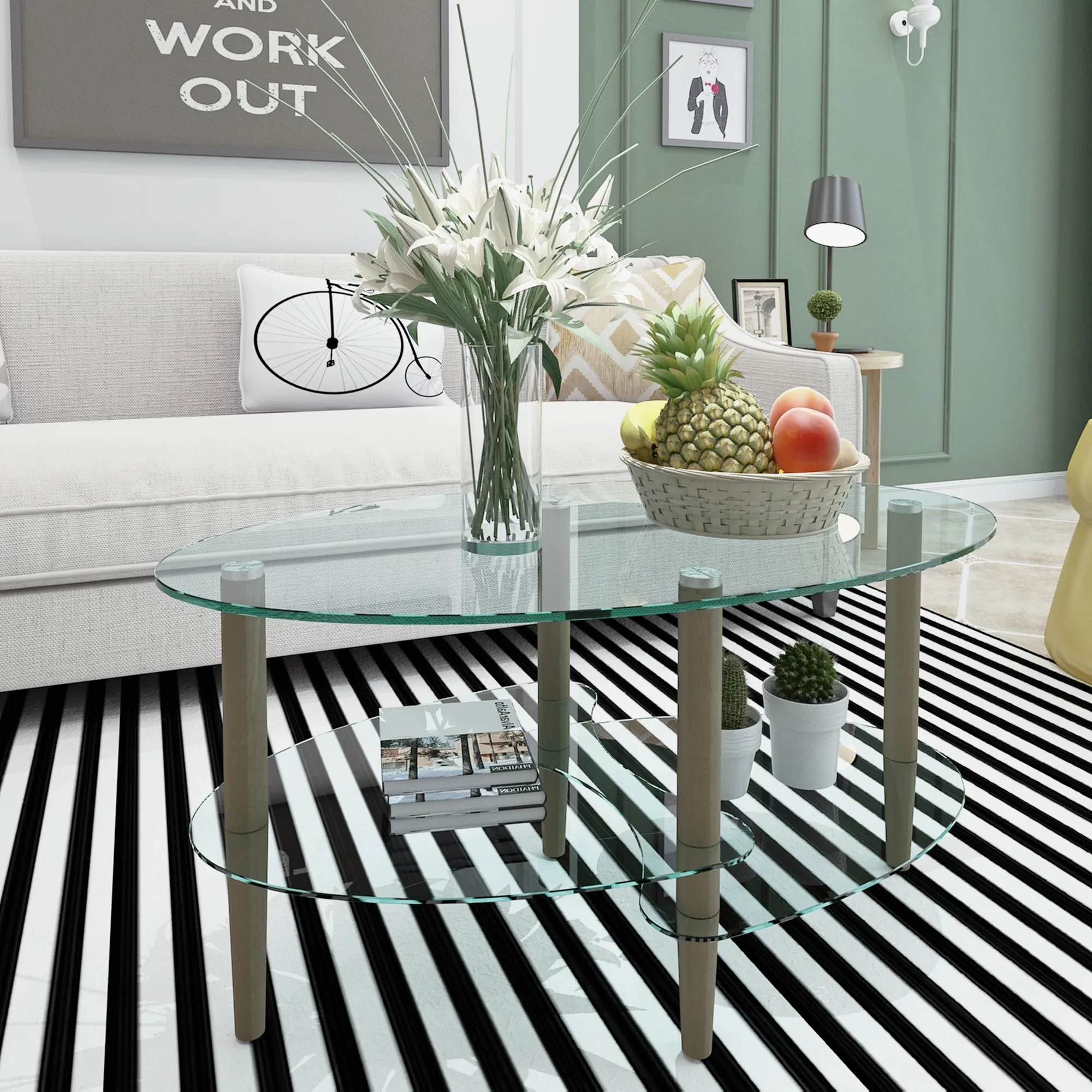 Transparent Oval Glass Coffee Table, Modern Living Room Table, Oak Leg Coffee Table, Three-layer Glass Table