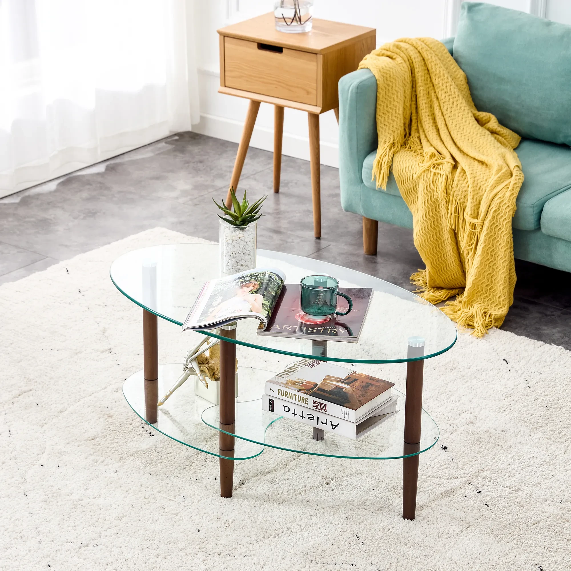 Transparent Oval Glass Coffee Table, Modern Living Room Table, Oak Leg Coffee Table, Three-layer Glass Table